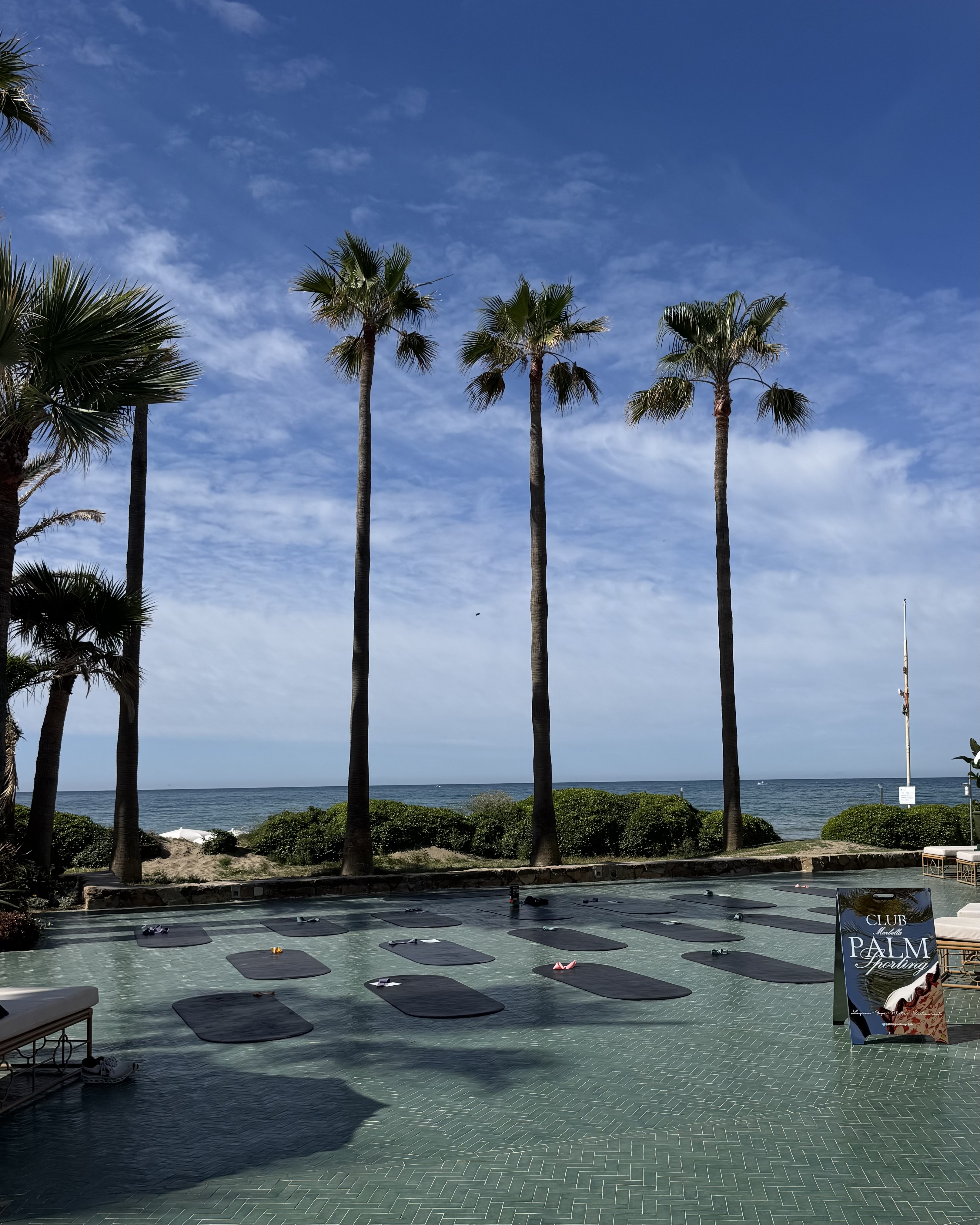 Pilates mats by the pool at Lucia Marbella with palm trees and sea views